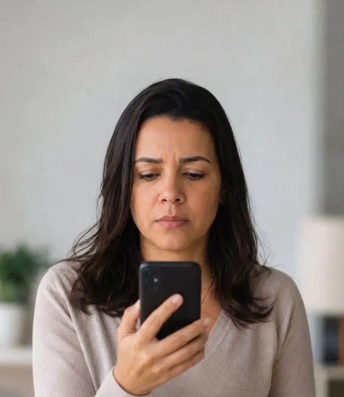 Mulher olhando a tela do próprio celular com expressão de desânimo